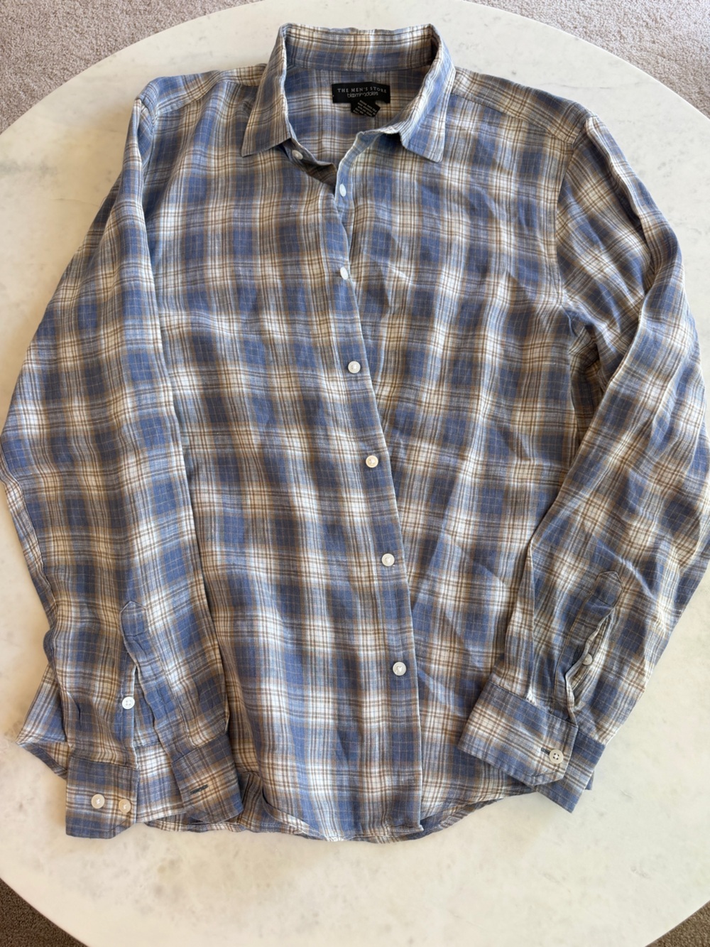 Bloomingdale's Blue and Brown Plaid Men's Button-Down Shirt